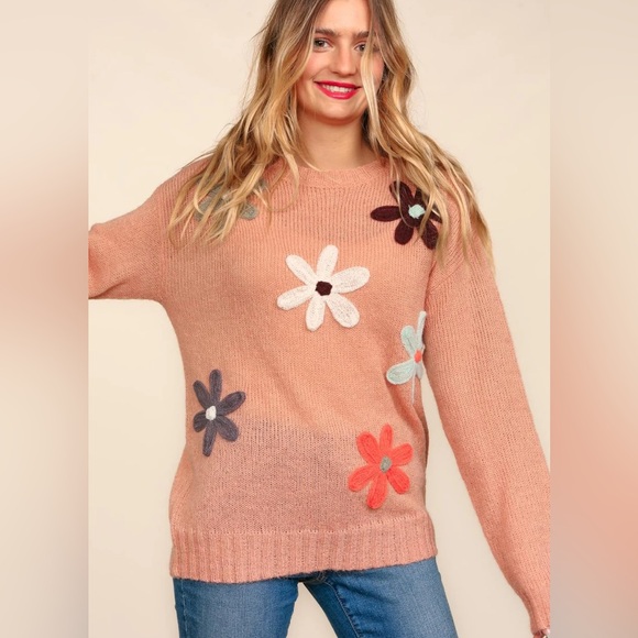 Peach Soft Fuzzy Lightweight Knit Sweater with Floral Knitted Details, Crew Neck - Picture 4 of 13